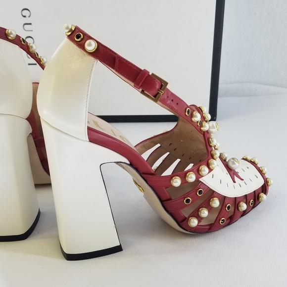 Gucci Tracy Red White Embellished Heels Sz 36 - Picture 7 of 16